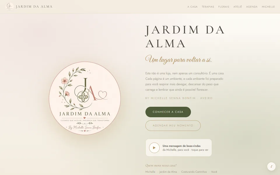 Home page of the Jardim da Alma website on a computer